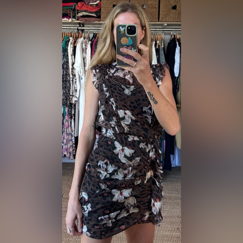 All Saints Floral Leopard Print Ruffle Ruched Hali Alessandra Mini Dress - Picture 3 of 17